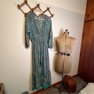 Boho Paisley Maxi Dress in Teal Green